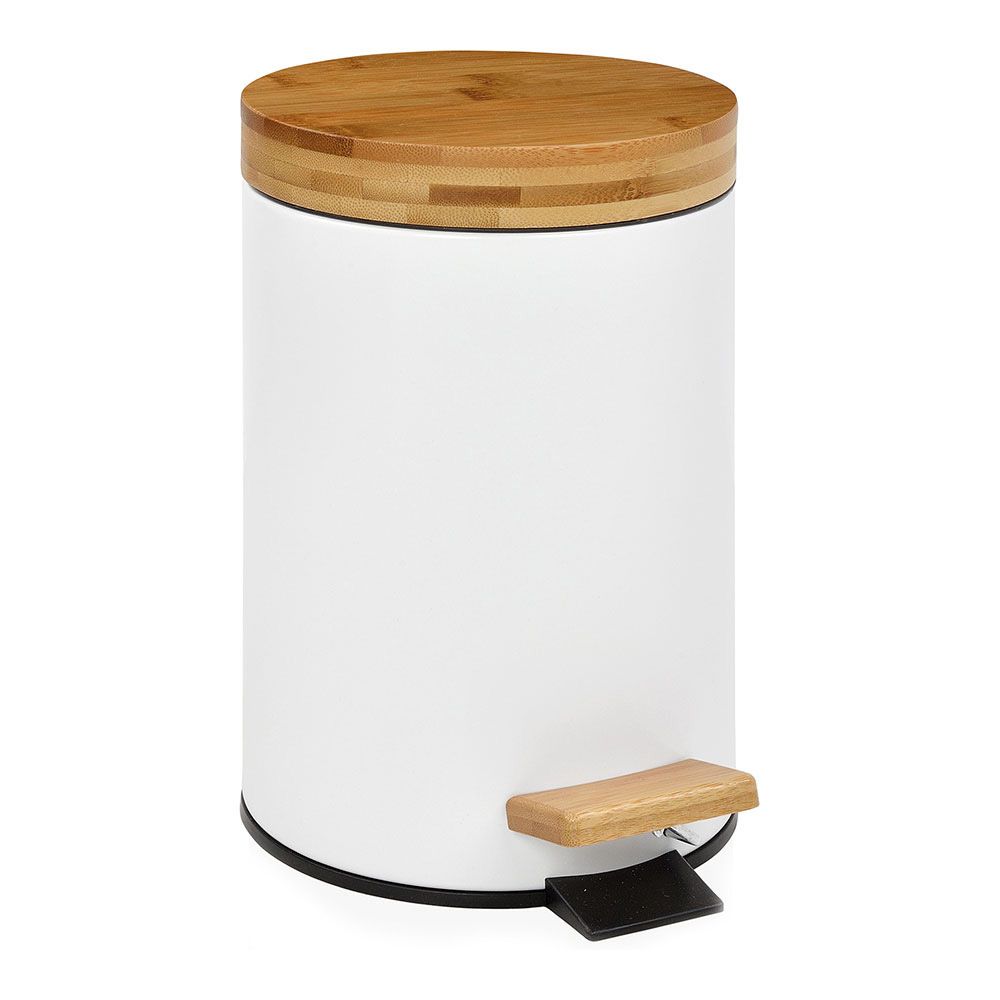 Caixote do lixo branco com pedal e tampa de bambu 3 Ø17x26cm andrea house
