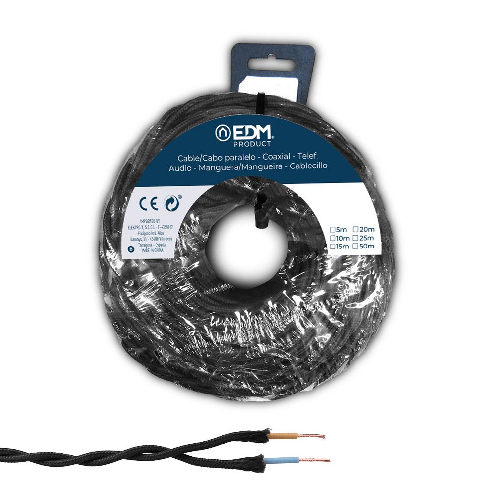 Carretel de cabo paralelo têxtil trançado H05VV-F 2 x 1,50 mm² preto, 25 m