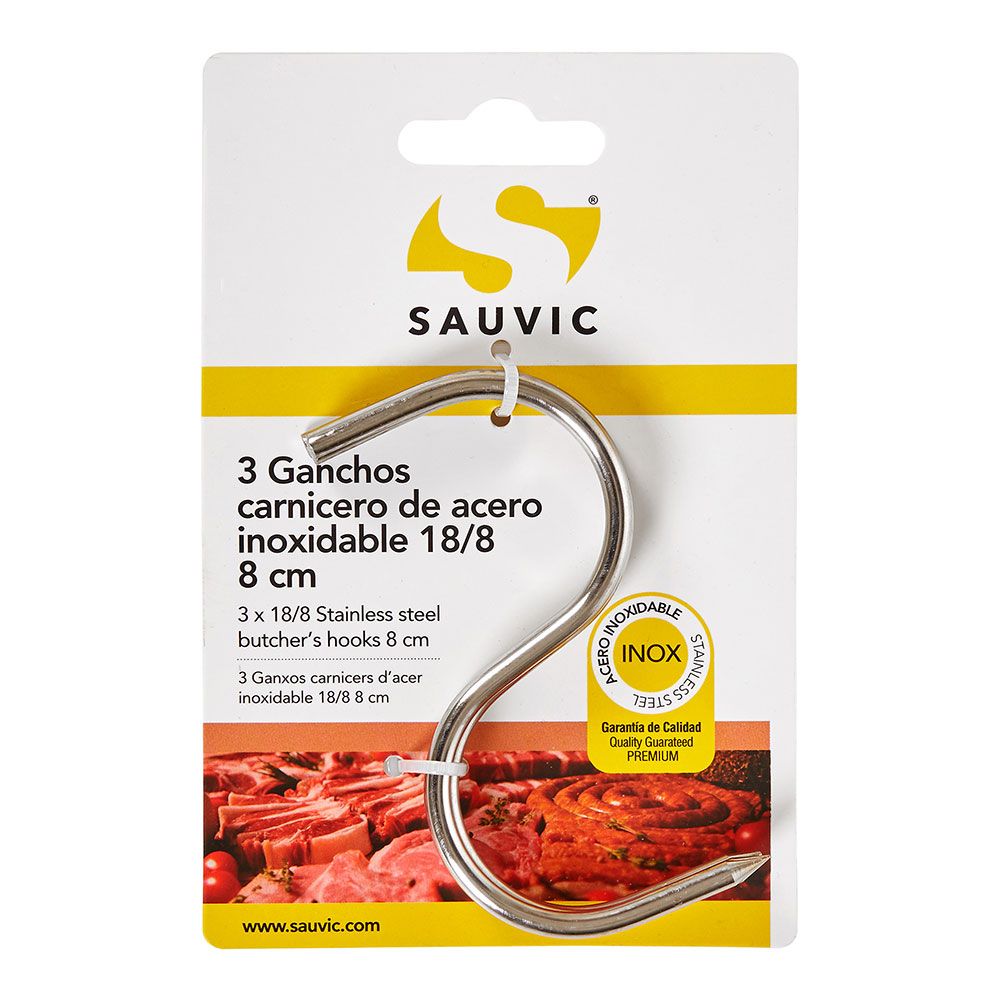 Ganchos em aço inoxidável 18/8, 8 cm de comprimento, blister com 3 unidades