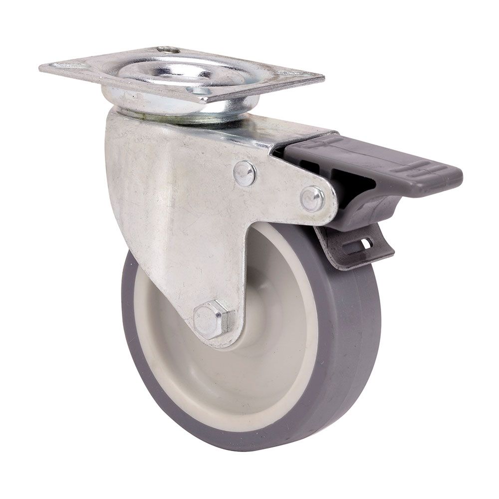 Roda giratória em borracha com placa, eixo liso e travão, COR cinza, carga máx. 50 kg, ø 6 cm