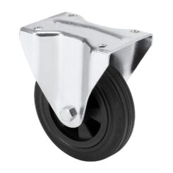 Roda fixa em borracha natural com placa e eixo liso, COR preta, carga máxima. 60 kg, ø 8 cm