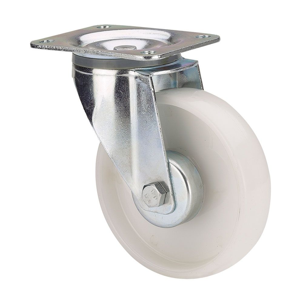Rodízio giratório Polyamix com placa e eixo liso, branco, máx. 150 kg, ø 10 cm