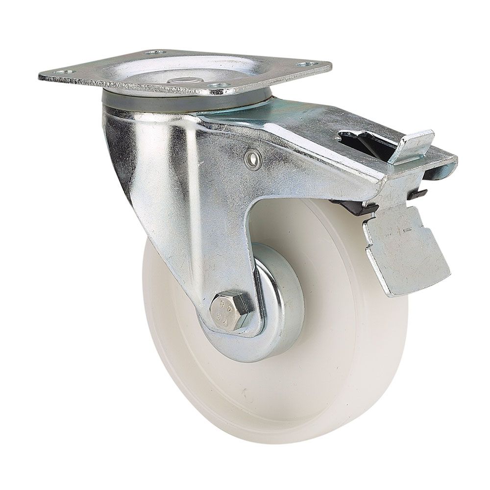 Roda giratória polyamix com placa, eixo liso e travão, branca, carga máx. 170 kg, ø 12,5 cm