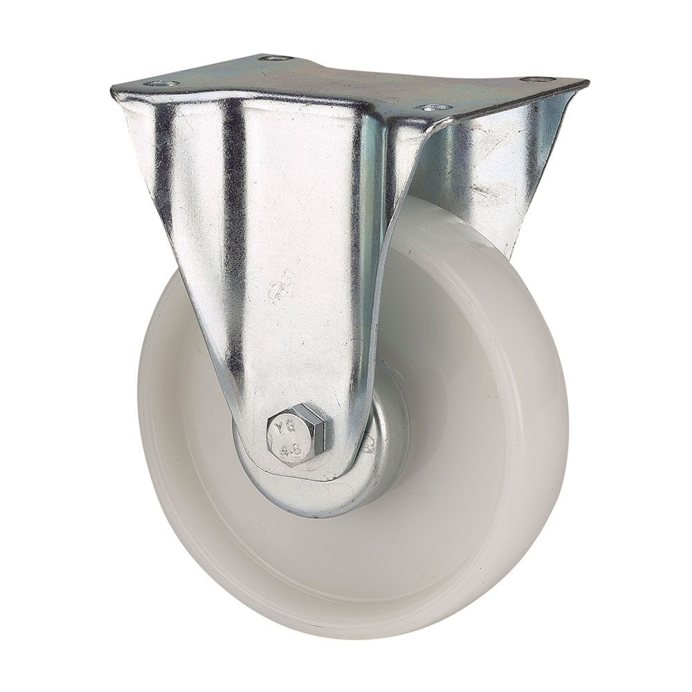 Roda fixa em poliamix com placa e eixo liso, cor branca, máx. 170 kg, ø 12,5 cm