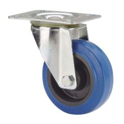 Roda giratória em borracha com placa, eixo de rolo e travão, azul, carga máxima 100 kg. ø 10 cm