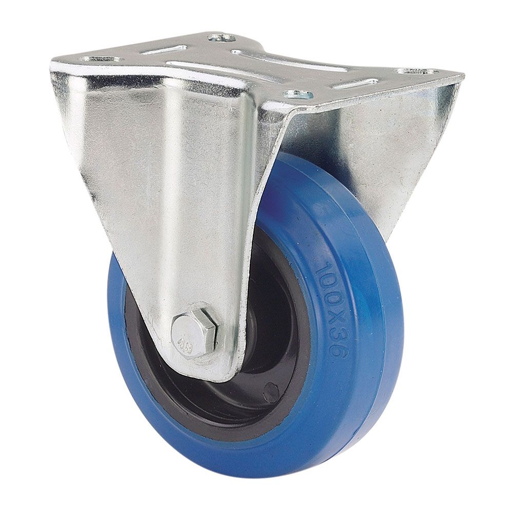 Roda fixa em borracha, com placa de rolamento e eixo, COR azul, carga máx. 100 kg, ø 10 cm