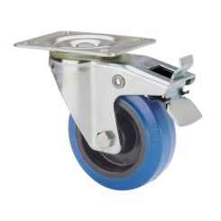 Roda giratória em borracha com placa, eixo de rolo e travão, COR azul, carga máx. 80 kg, ø 8 cm