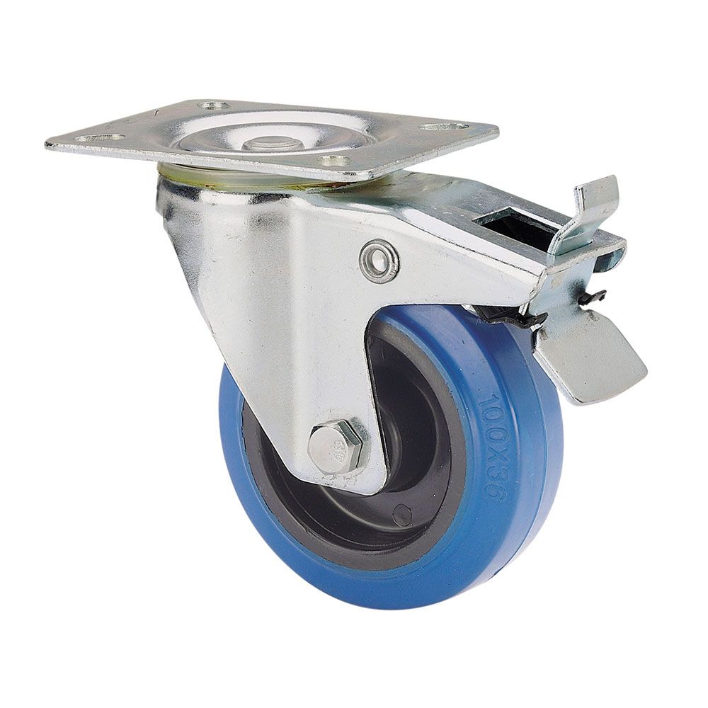 Roda giratória em borracha com placa, eixo de rolo e travão, COR azul, carga máx. 80 kg, ø 8 cm