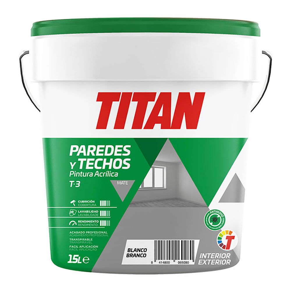 TITAN Tinta plástica estireno acrílica para interior/exterior, antimofo t-3, branco mate, 15 l
