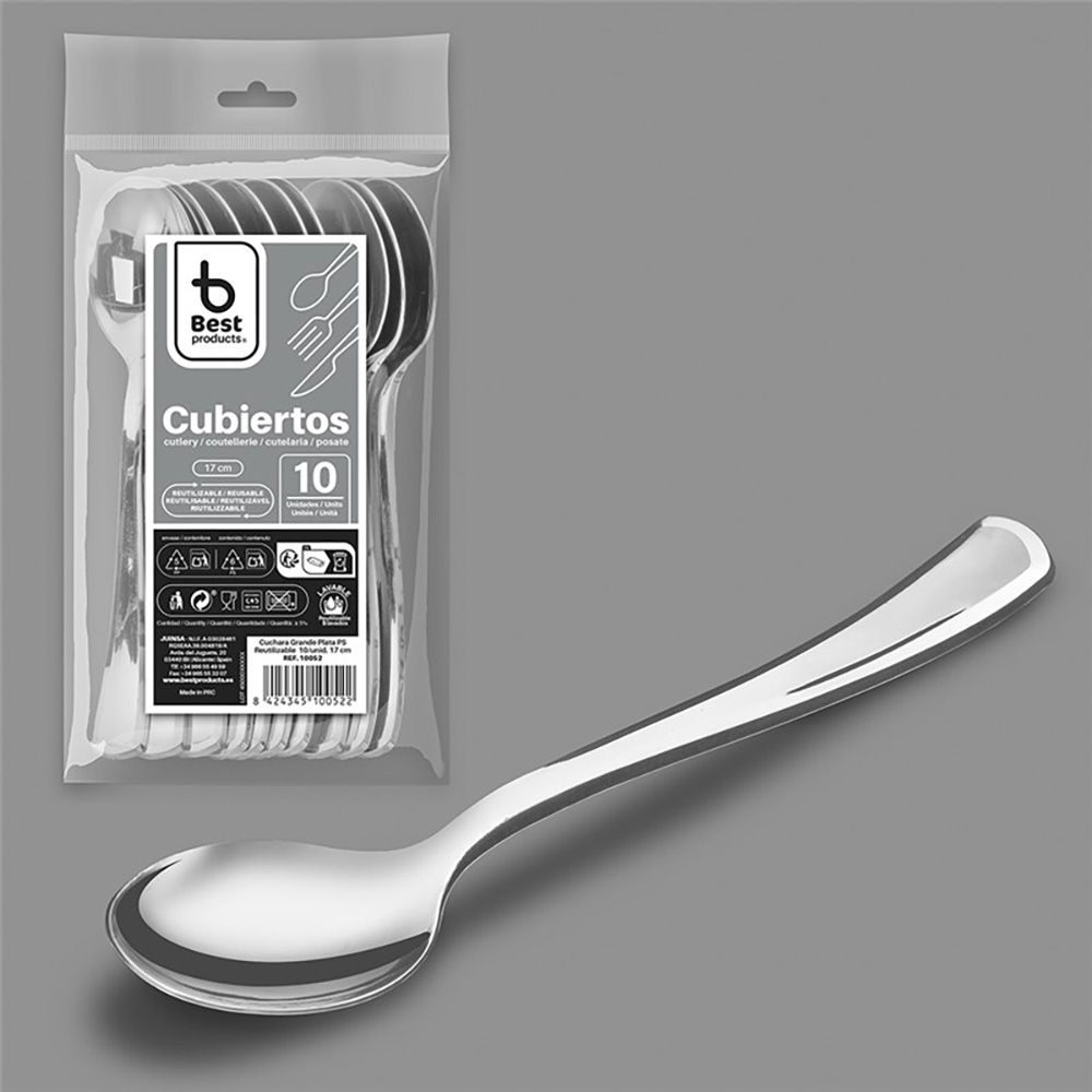 Colher reutilizável de prata, 17 cm, 10 UDS