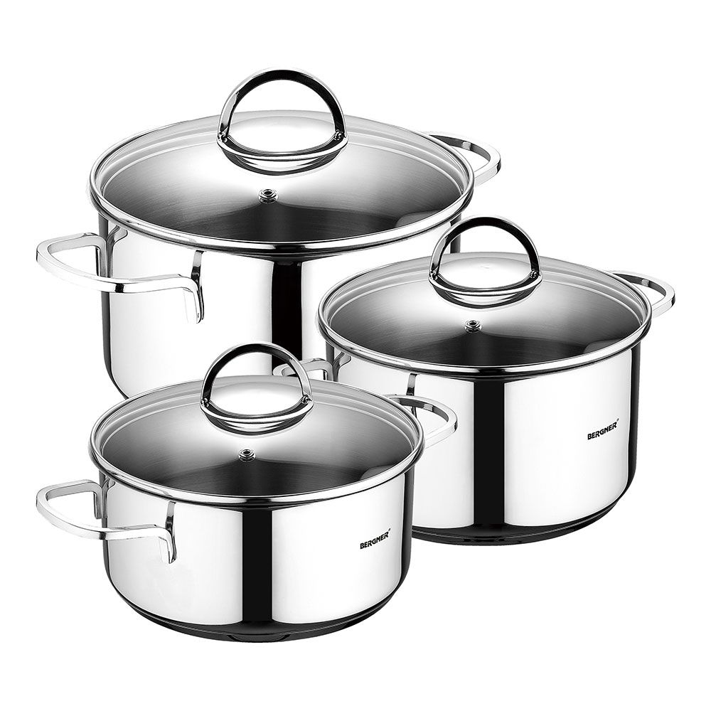 Trem de cozinha com 6 peças de INOX para indução: caçarola de 16 cm com tampa / caçarola de 18 cm com tampa / caçarola de 20 cm com tampa