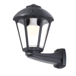 Lanterna de parede com braço Nardo/Giampy, transparente, E27, preta, 210 x 270 IP55, fabricada em resina resistente aos raios UV, anticorrosão e antiferrugem. Inclui elementos de fixação. 210x270x315mm