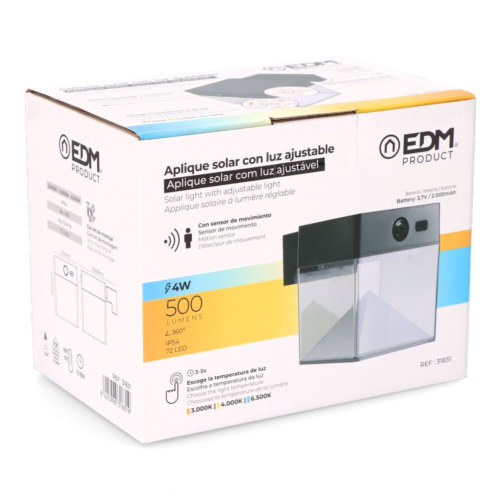 Aplique solar quadrado 4W 500lm, 3000/4000/6500K, 3CCT, com sensor, preto - Image 3