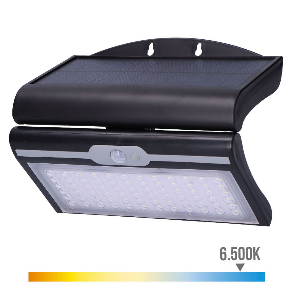Candeeiro de parede solar 6W 430Lm 6.500K com sensor, COR preto