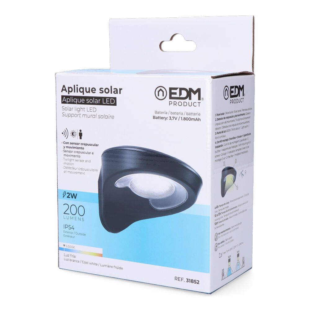Candeeiro solar 2W 200Lm 6500K com sensor COR preto EDM - Image 5