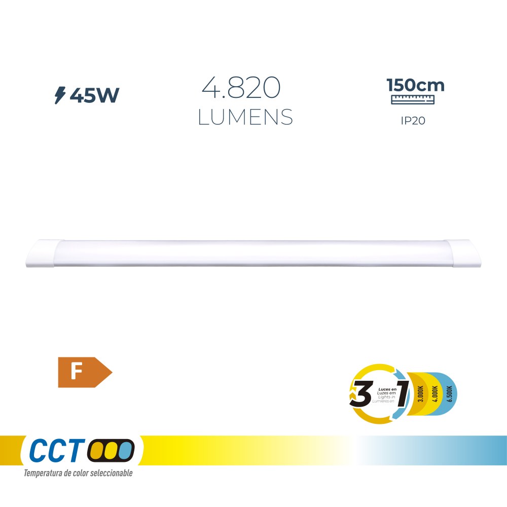Regleta led 45 w temperatura de luz variable 6500 k / 4000 k / 3000 k, 3cct, 4820 lm, 150 x 2,6 x 7,4 cm