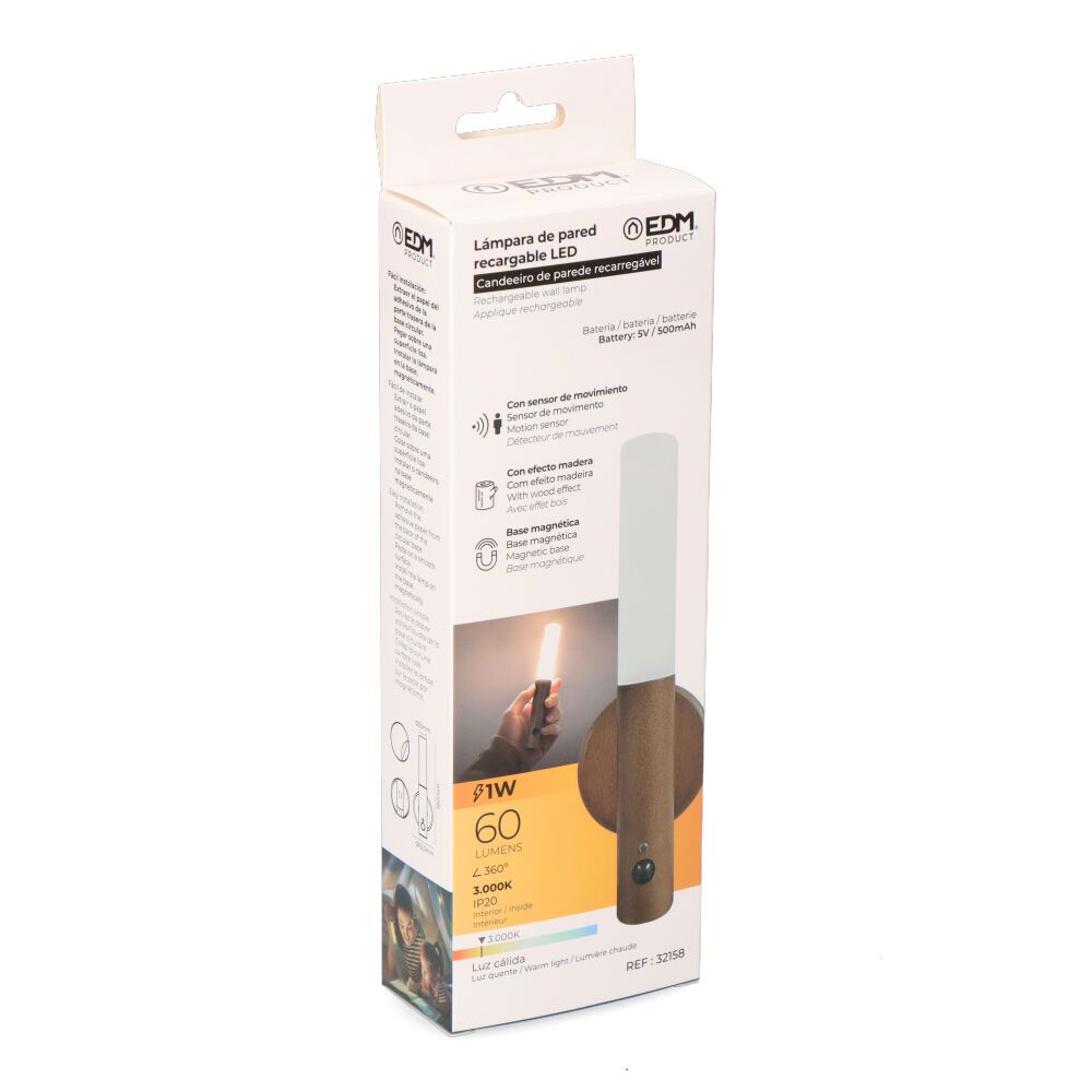 Lâmpada de parede LED recarregável 1W 60lm 3.000K com sensor de movimento - Image 4