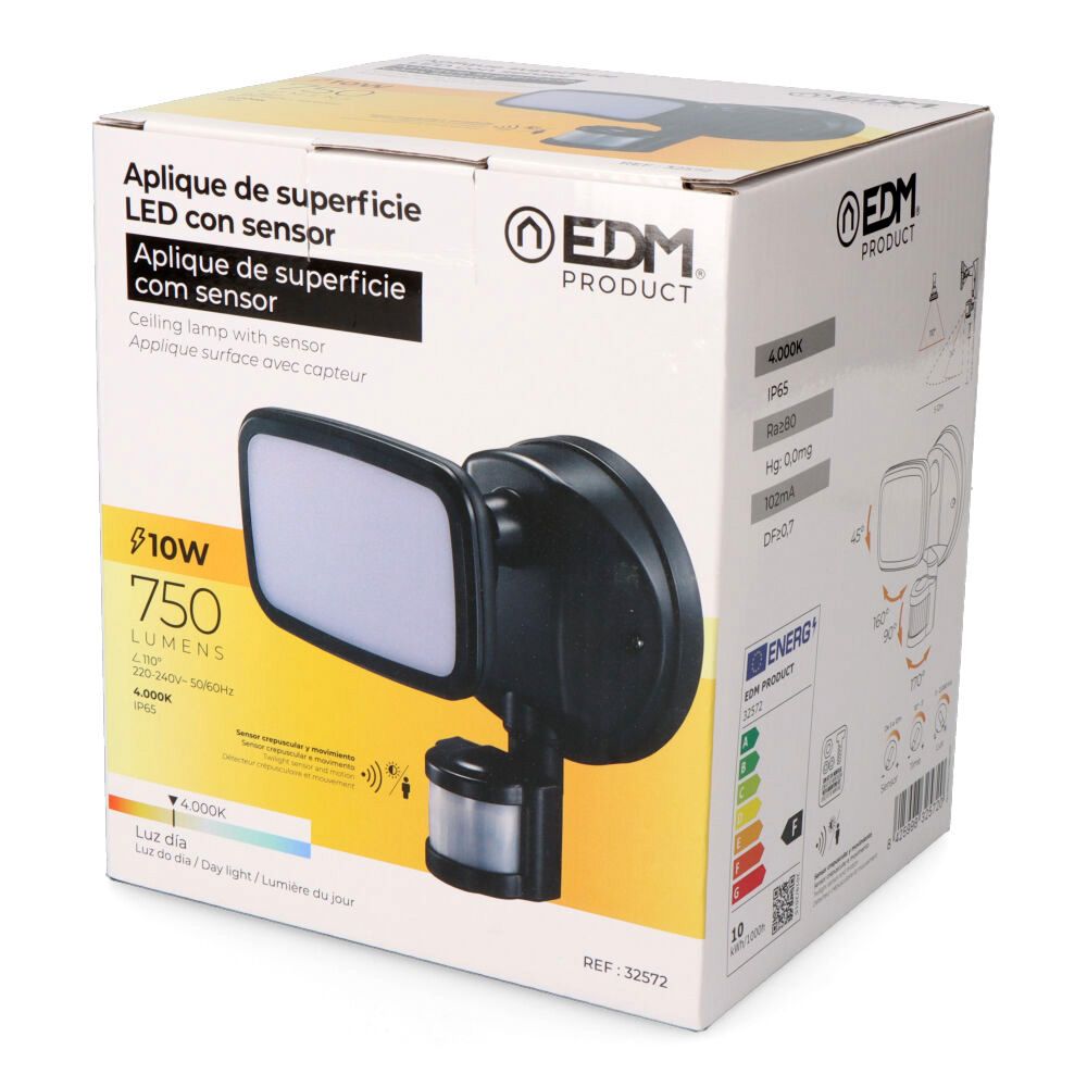 Aplicar holofote LED com crepúsculo e sensor de movimento, 10 w 750 lm 4000 k luz natural, IP65, preto, ø12 × 14 × 17 cm - Image 2
