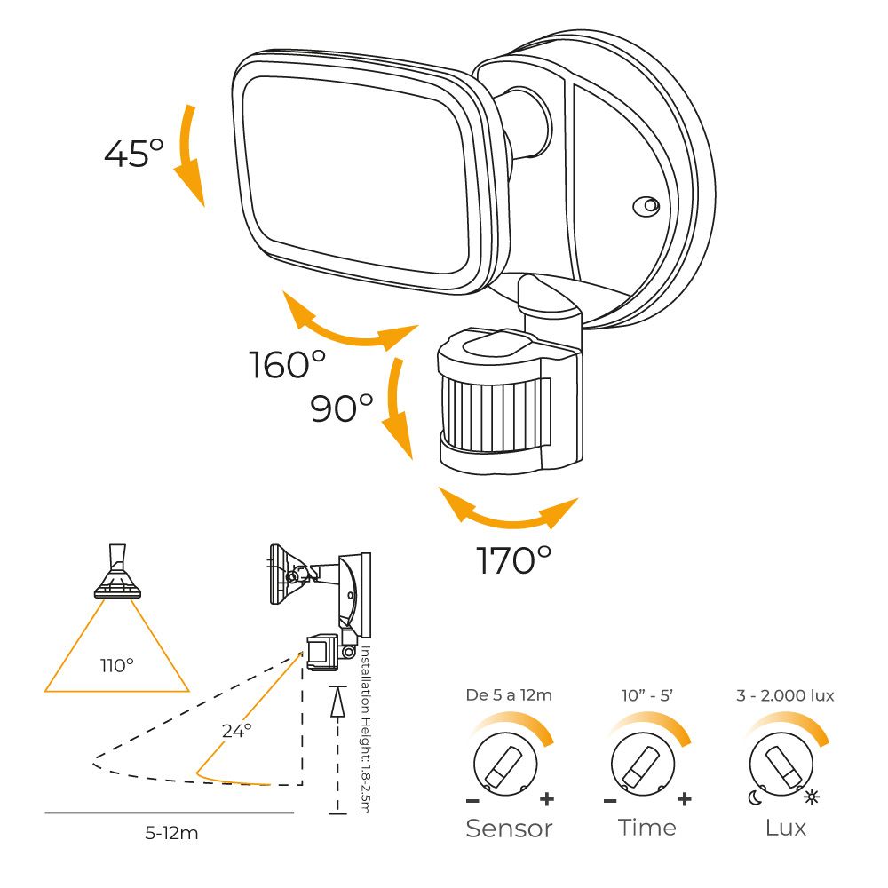 Aplicar holofote LED com crepúsculo e sensor de movimento, 10 w 750 lm 4000 k luz natural, IP65, preto, ø12 × 14 × 17 cm - Image 3