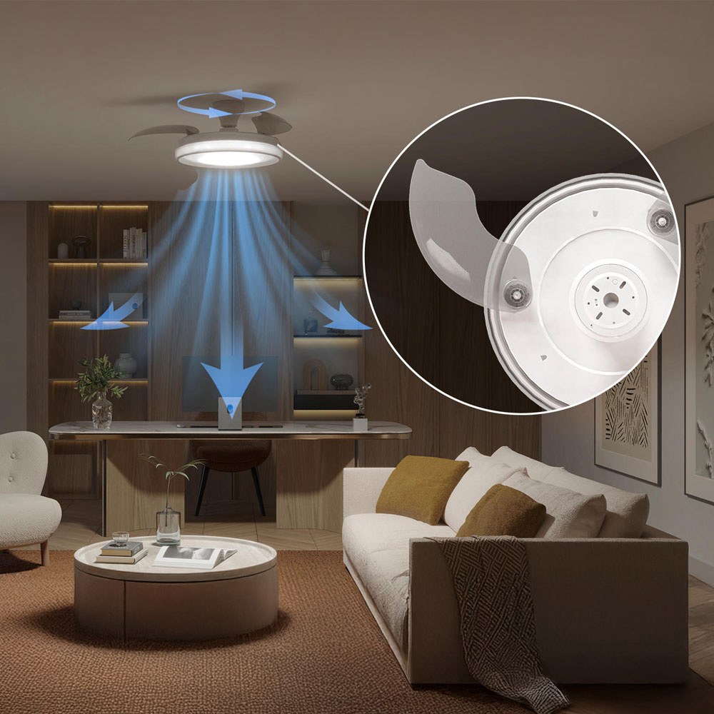 Ventilador de teto com pás retráteis, LED 3 CCT, motor DC 28 W + LED 35 W, modelo bliss, branco / dourado, Ø106 cm - Image 3