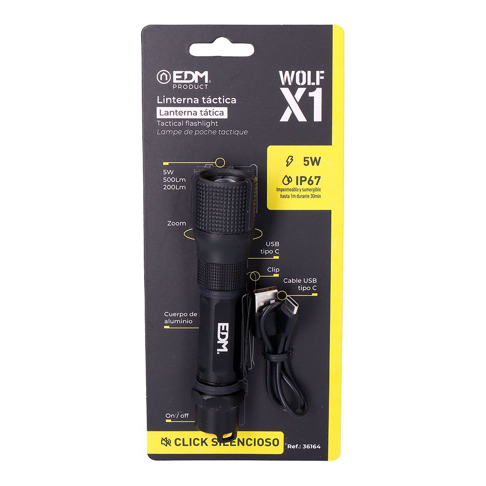 Lanterna LED tática recarregável Wolf x1 550 lm / 200 lm IP67 ø3,2 para pendurar, até 5 horas de autonomia, 3 horas de carregamento, corpo em alumínio, IP67 à prova d'água até 1 m por 30 minutos, dimensões ø32 x 139 mm. É apresentado em um display de 6 unidades - Image 6