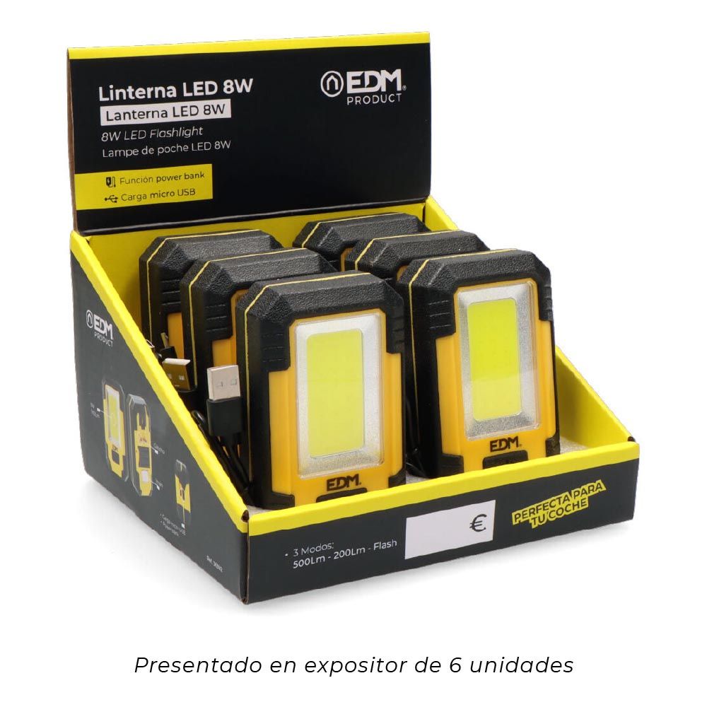 Linterna led 8w cob 450lm /130lm / flash 6.500k recargable con usb. funcion power bank. incluye cable de carga. - Image 5