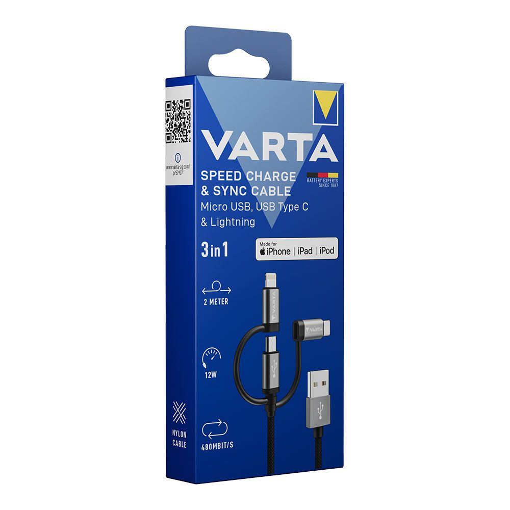 Cabo 3 em 1 USB a lighting - micro USB - tipo C varta - Image 2