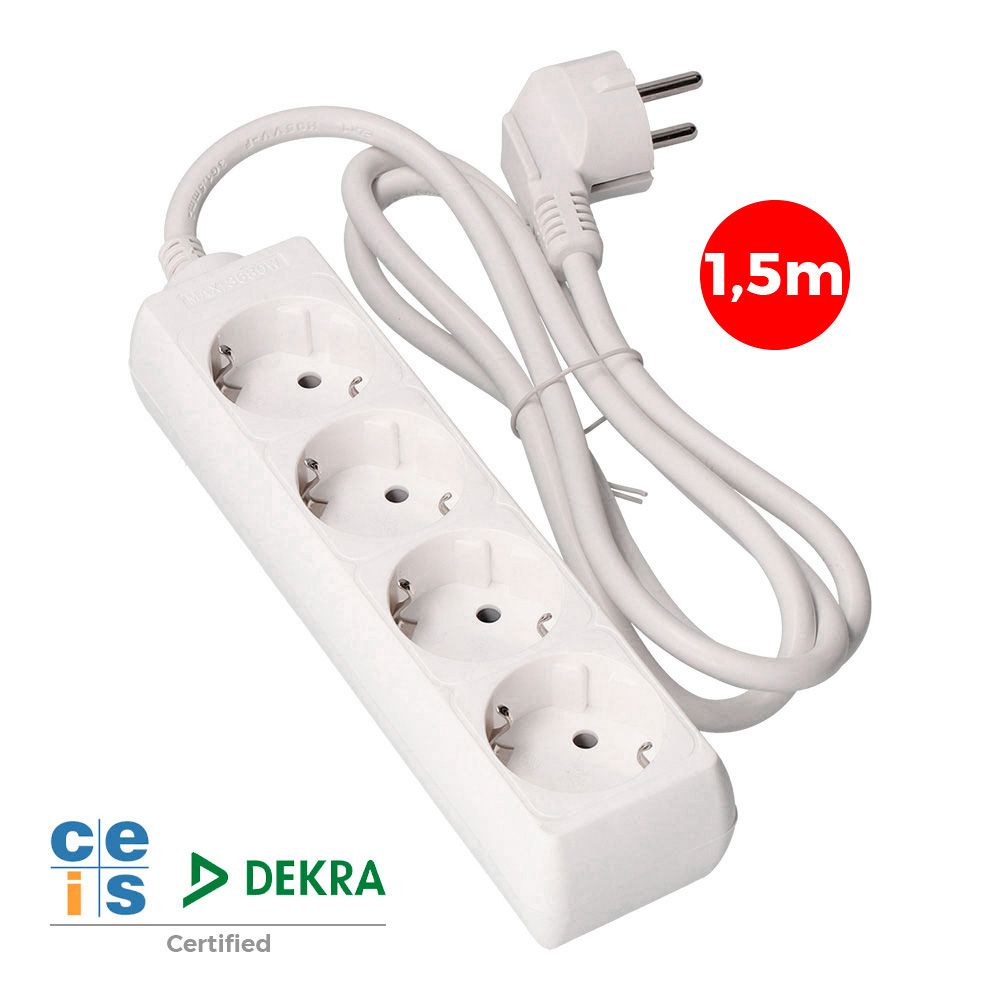 Base múltipla, 4 bases schuko 2P+E, cabo de 1,5 m H05VV-F 3G1,5 mm² 16A 250V~ 3680 W, branca