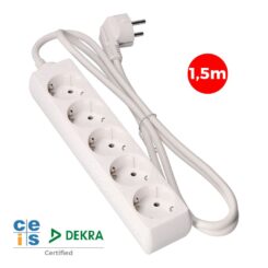 Base múltipla, 5 bases schuko 2P+E, cabo de 1,5 m H05VV-F 3G1,5 mm² 16A 250V~ 3680 W, branca
