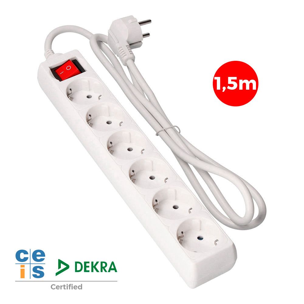 Base múltipla de 6 saídas 2P+E com interruptor iluminado, 16 a 250 v~ cabo de 1,5 m H05VV-F 3G1,5 mm² branca