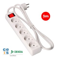 Base múltipla de 5 saídas 2P+E com interruptor iluminado, 3M de cabo H05VV-F 3G1,5 mm², branca