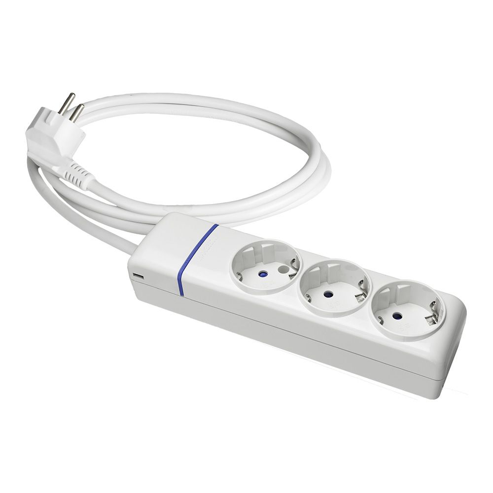 Base múltipla com 3 bases 2P+E, cabo de 1,5 m H05VV-F, 3G1,5 mm², 16 a 250 V, 3680 W, branca