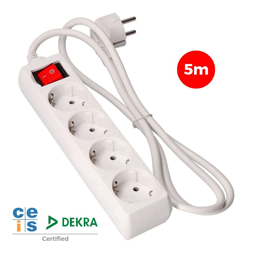 Base múltipla de 4 saídas 2P+E com interruptor iluminado, 5 m de cabo H05VV-F 3G1,5 mm², branca