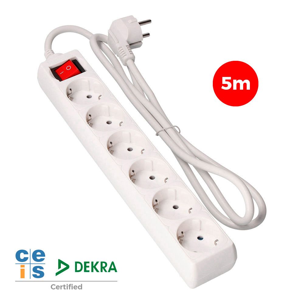 Base múltipla de 6 saídas 2P+E com interruptor iluminado, 5 m de cabo H05VV-F 3G1,5 mm², branca