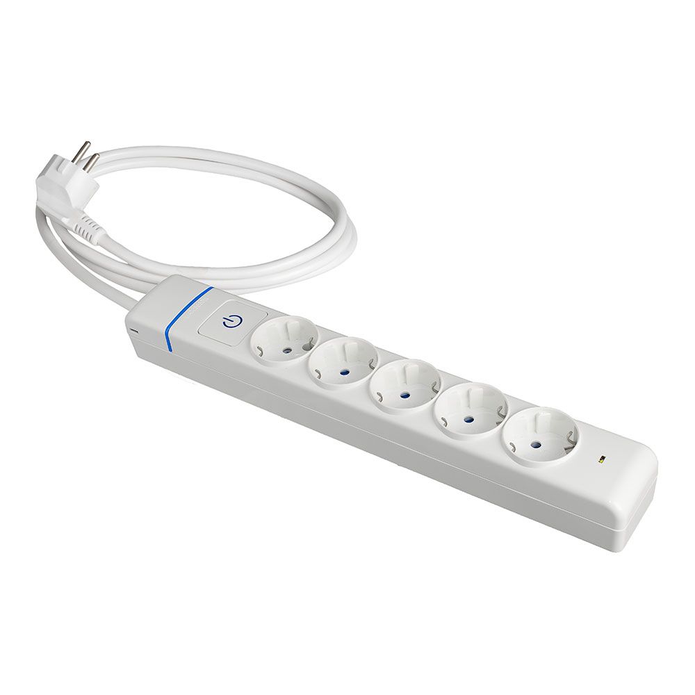Tomada múltipla, 5 tomadas 2p+t, com interruptor + protetor, cabo de 1,5 m h05vv-f 3g1,5 mm², 16a 250v~, branco