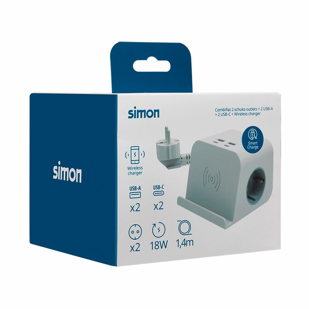 Base combiflat 2 tomas schuko 16a 250 v ~ + 2 usb a + 2 usb c + carga inalámbrica con soporte y fijación blanca - Image 4