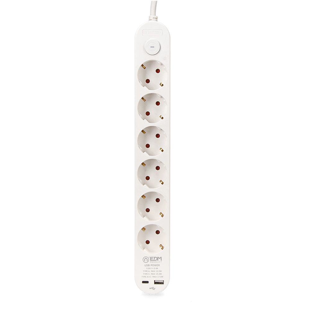 Base múltipla com 6 entradas e conectores schuko, interruptor, 2 portas USB a + c, cabo H05VV-F de 1,5 m, 3G1,5 mm², 16 a 250 v~, branca. - Image 2