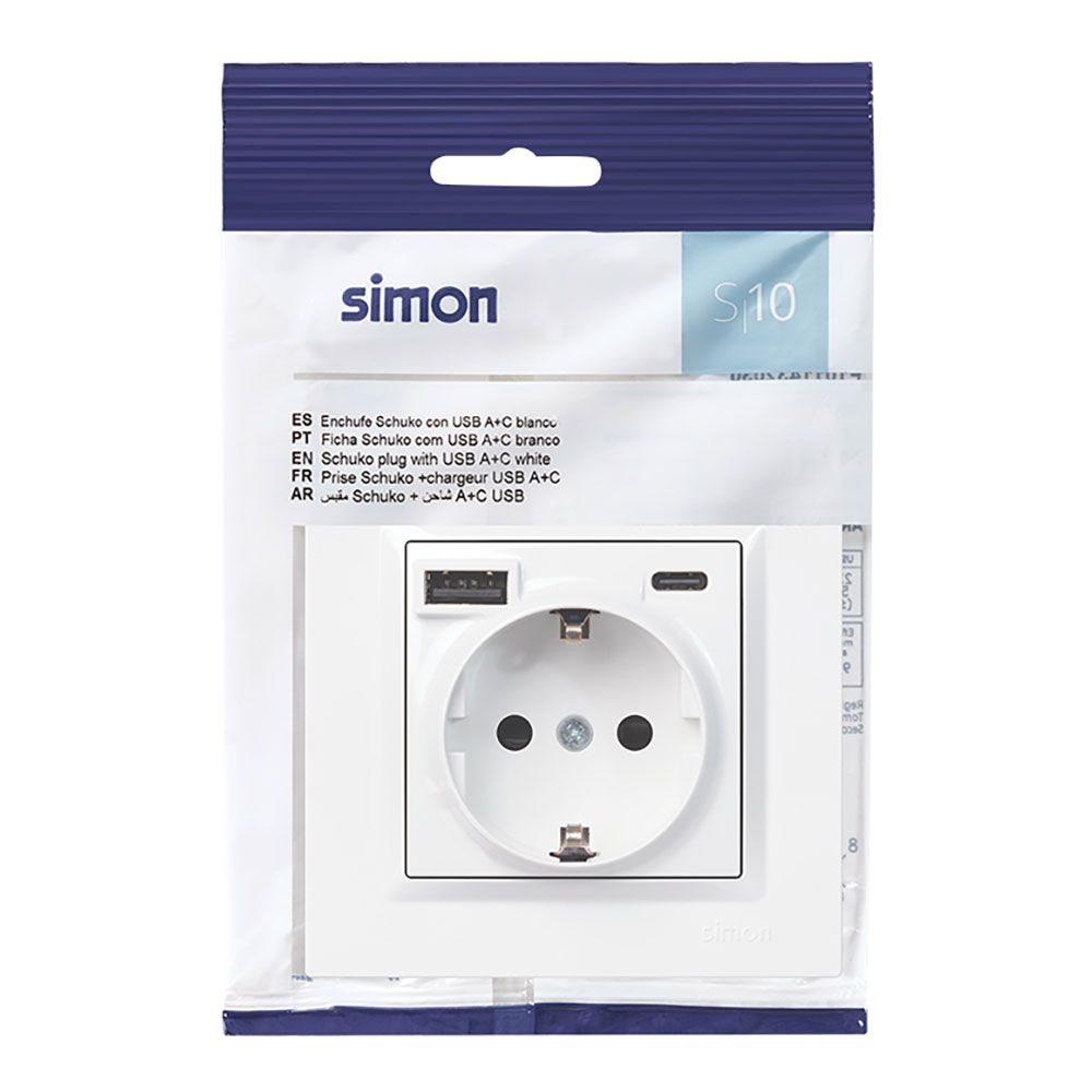 Base tomada schuko + USB a+ C 10,5 W 16 a 250 v~, simon 10, branco - Image 3