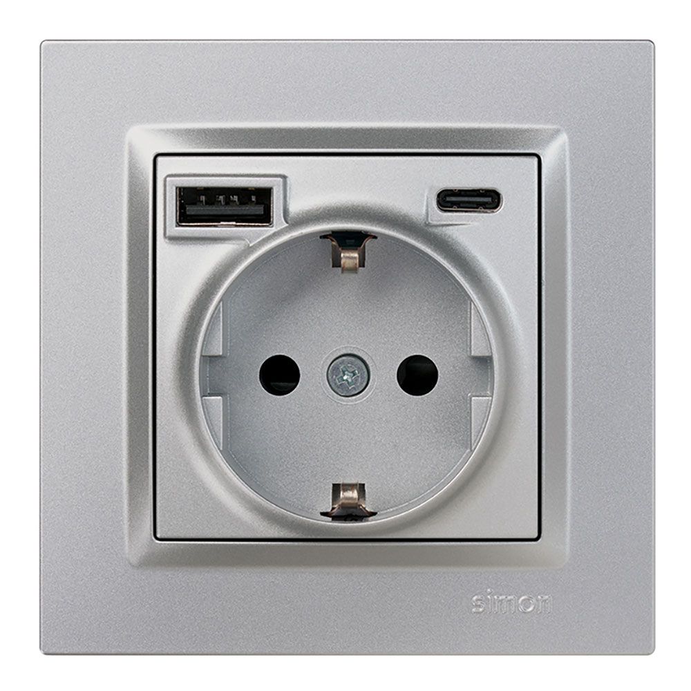 Base tomada schuko + USB a+ C 10,5 W 16 a 250 v~, simon 10, alumínio