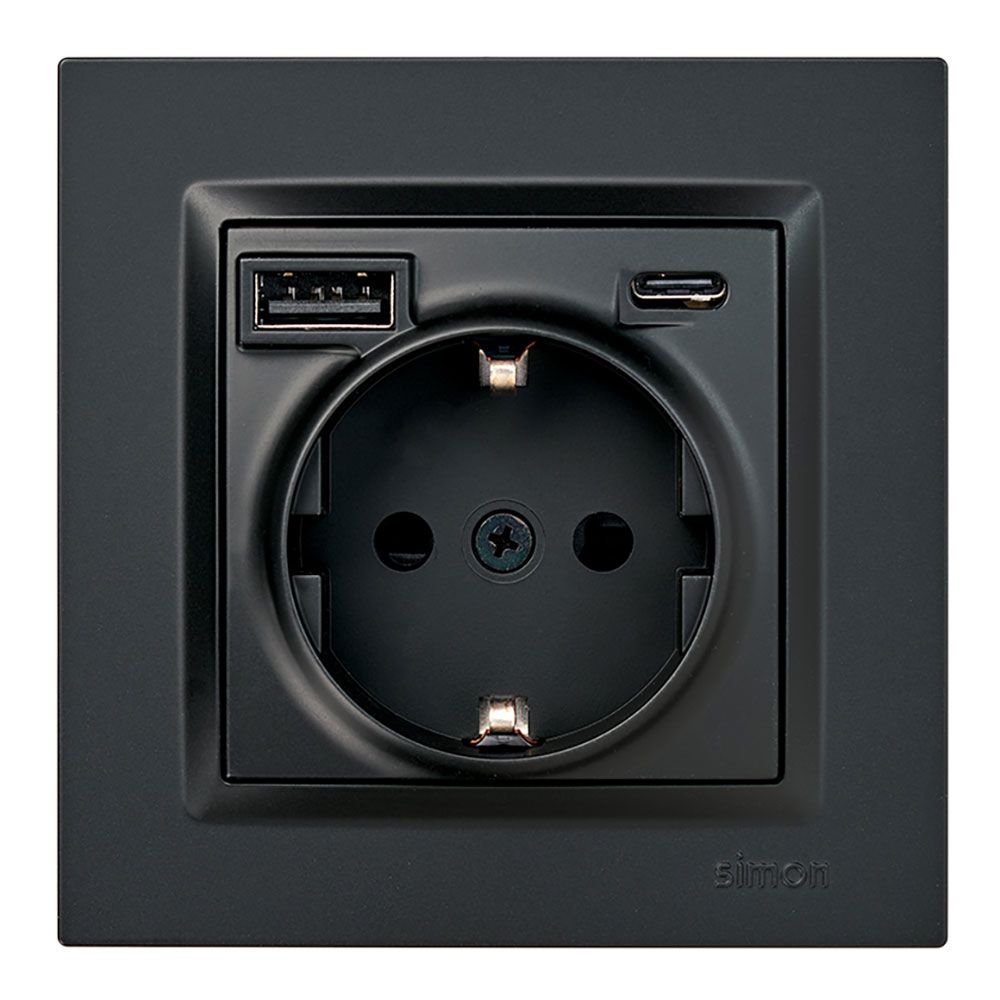 Base tomada schuko + USB a+ C 10,5 W 16 a 250 v~, simon 10, preto