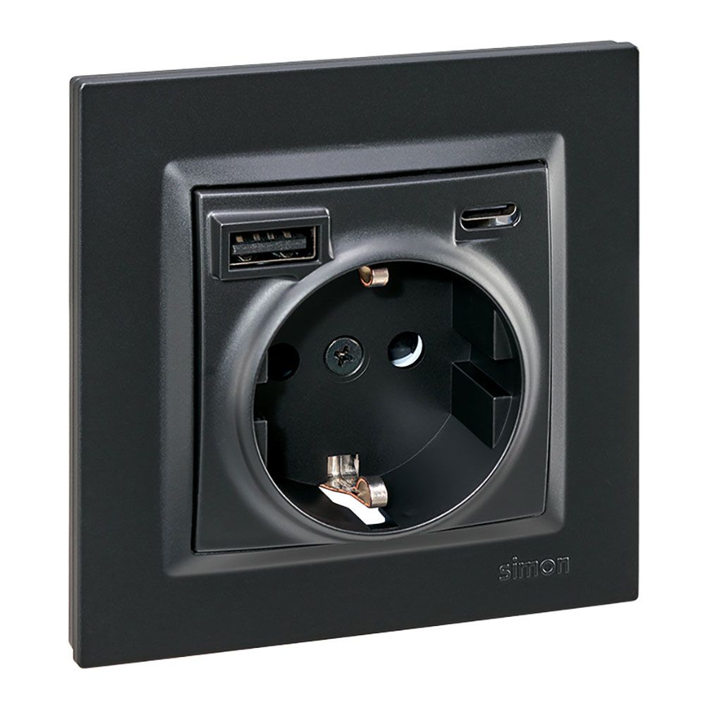 Base tomada schuko + USB a+ C 10,5 W 16 a 250 v~, simon 10, preto - Image 2