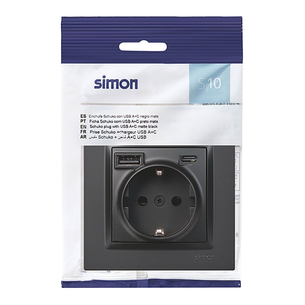 Base tomada schuko + USB a+ C 10,5 W 16 a 250 v~, simon 10, preto - Image 3