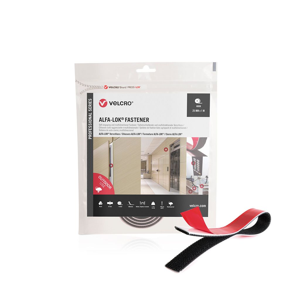 Fita de gancho linear alfa-lok preta 25 mm x 1 m