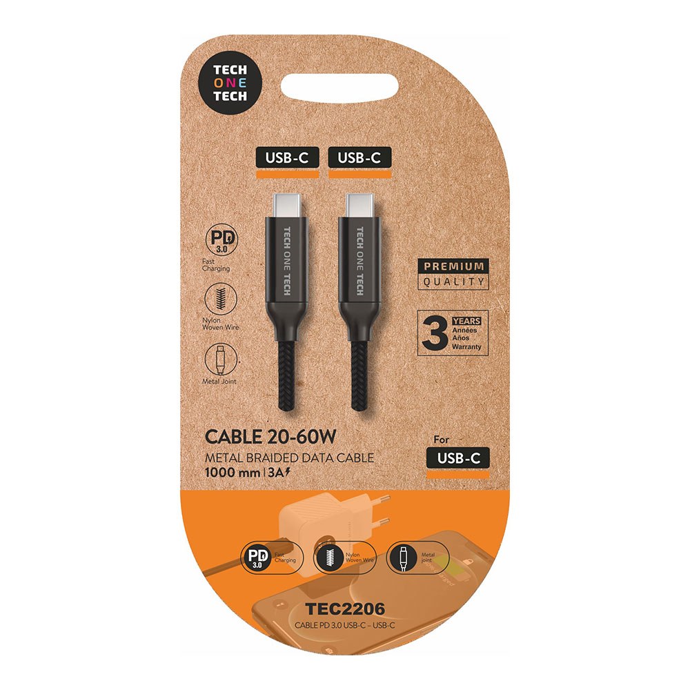 Cabo usb-c para usb-c 20-60 W 3 a, preto, 1 m