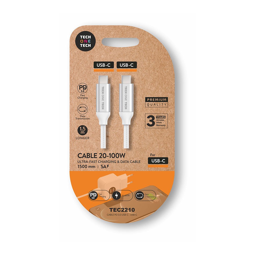 Cabo usb-c para usb-c 20-100 W 5 a, branco, 1,5 m