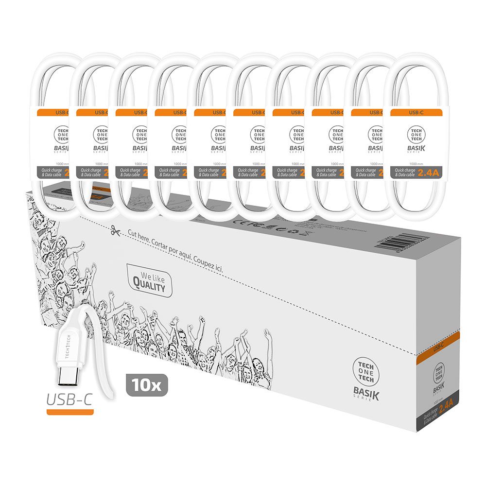 Pack poupança 10 cabos basik usb-a usb-c 2,4A branco tech ONE tech