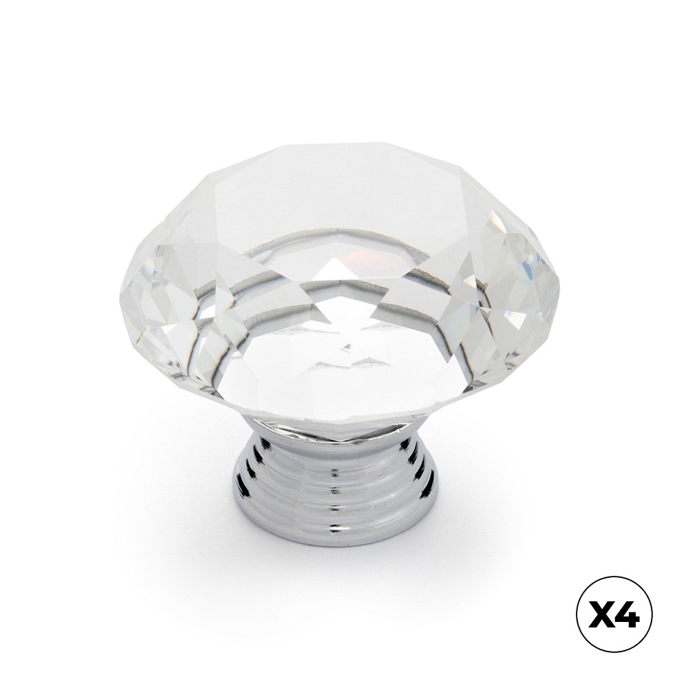 Pomo para mueble, modelo 964, de zamak y cristal con cromo brillo y transparente, ø40 mm, blíster 4 uds