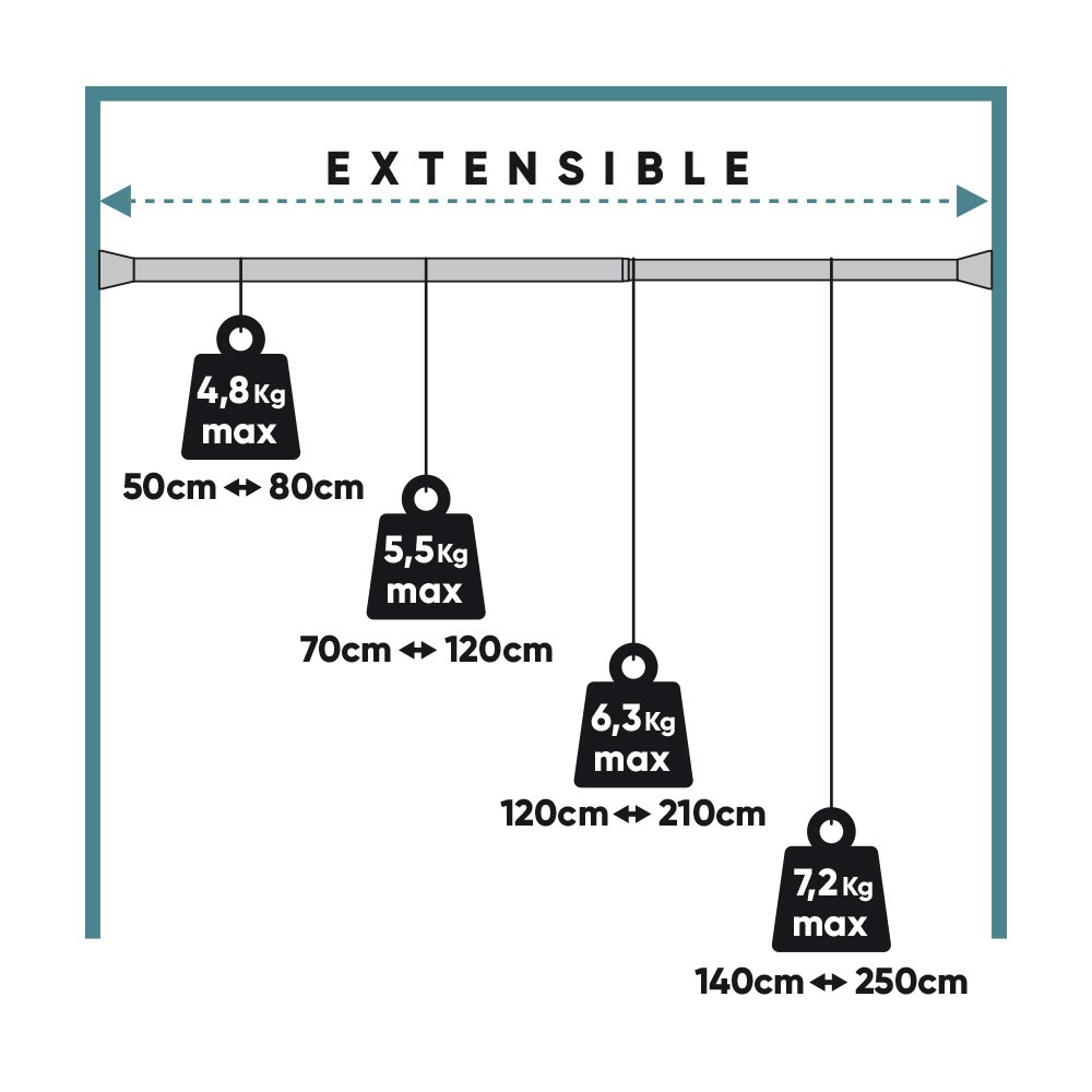 Barra extensível multiuso a pressão sem furos, preto, Ø2,8 - 2,5 x 120 - 210 cm - Image 5
