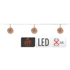 Guirlanda a bateria, função fixa, uso interno, com bolas, branco quente, 10 LEDs, 1,30 m, cobre