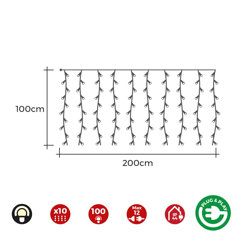 Cortina com programador easy-connect 10 tiras 100 leds branco quente IP44 2x1m - Image 2